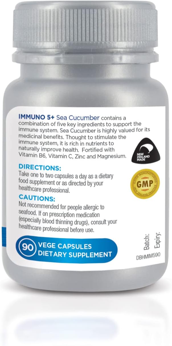 Immuno 5+ Sea Cucumber Capsules for Immunity Support - With Vitamin B6, Vitamin C, Zinc, and Magnesium - 90 Veg Caps