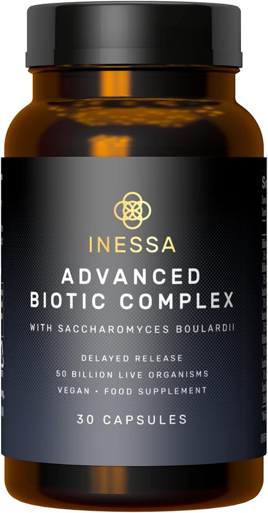 Inessa Advanced Biotic Complex: 50 Billion CFU Probiotic Supplement for Men & Women - 7 Strain Dairy Soy Gluten Free - Gut & Digestive Health - 30 Vegan Capsules