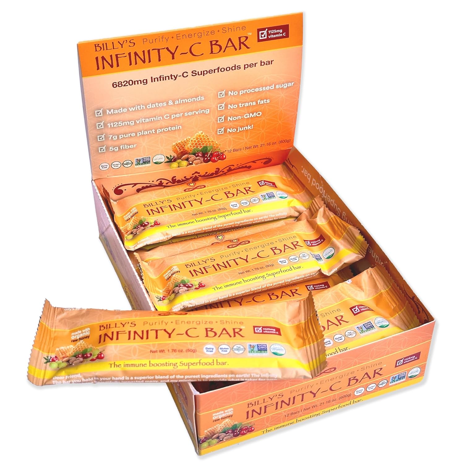 Infinity Greens Infinity C Superfood Bars - Immune Boosting Healthy Energy Bars with Whole Food Vitamin C - Camu Camu, Acerola, Amla, Shilajit - Raw, Gluten Free, Non GMO - 1125mg