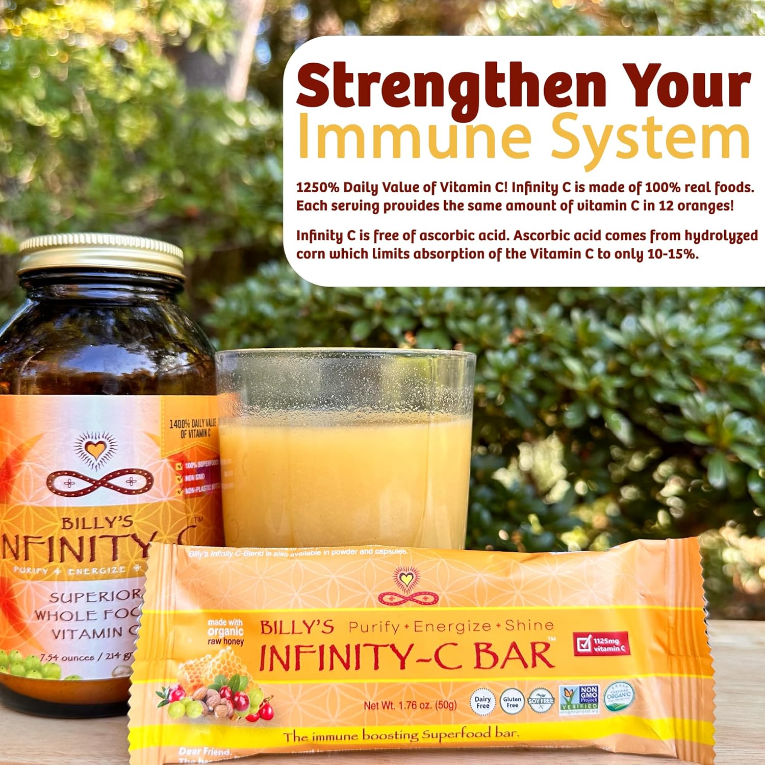 Infinity Greens Infinity C Superfood Bars - Immune Boosting Healthy Energy Bars with Whole Food Vitamin C - Camu Camu, Acerola, Amla, Shilajit - Raw, Gluten Free, Non GMO - 1125mg