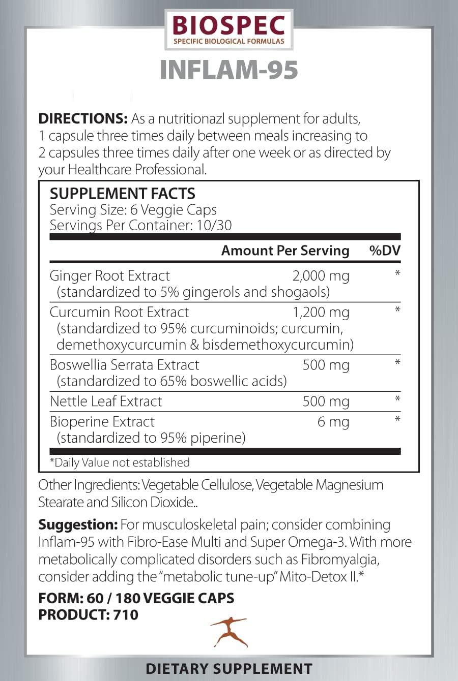 Inflam-95 Supplement with Ginger Root, Curcumin, Boswellia, Nettle Leaf, Bioperine for Healthy Inflammatory Response