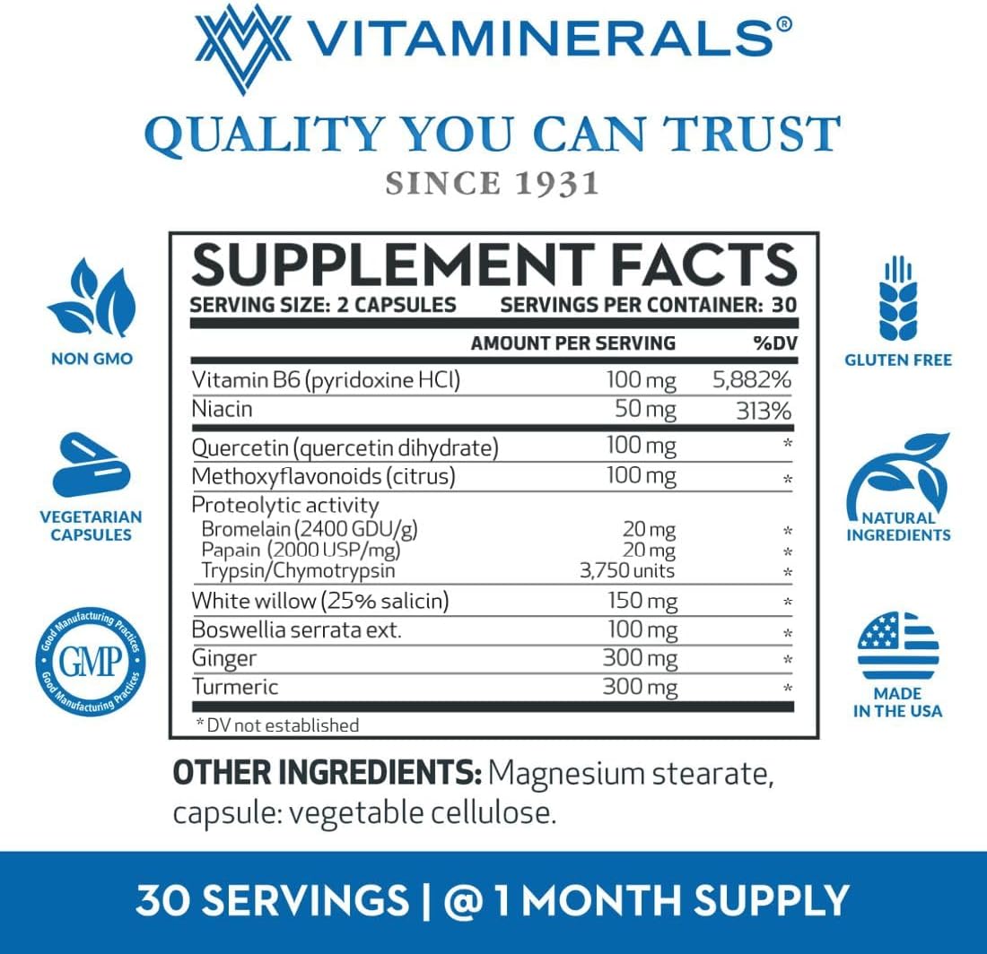 Inflamax® Plus Supplement with Quercetin, Proteolytic Enzymes, Ginger, and Turmeric in Veggie Caps for Immune Support