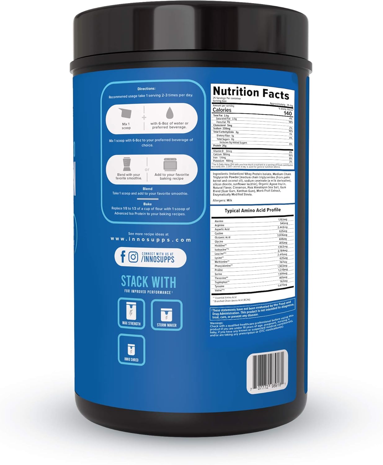 InnoSupps Advanced Iso Protein Powder - 100% Whey Isolate, Cinnamon Swirl Cereal Flavor, 25g Protein, Hormone-Free, Gluten-Free, Soy-Free, Low Fat & Carbs - 25 Servings