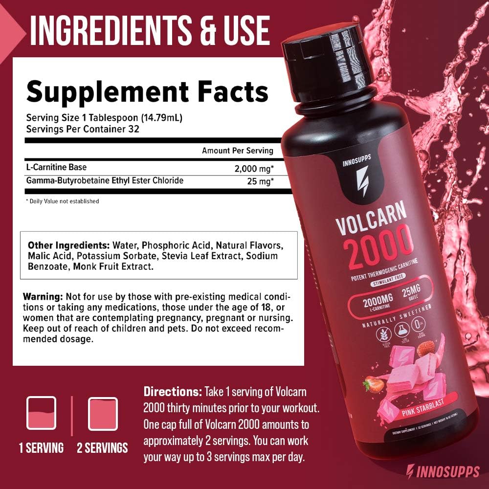 InnoSupps Volcarn 2000 - L-CARNITINE Liquid Energy Booster | ATP Enhancer with GBEEC | Enhances Focus, Caffeine Free | Sour Kids Candy Flavor | 32 Servings