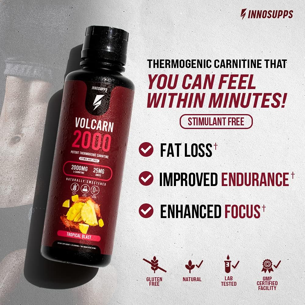 InnoSupps Volcarn 2000 - L-CARNITINE Liquid Energy Booster | ATP Enhancer with GBEEC | Enhances Focus, Caffeine Free | Sour Kids Candy Flavor | 32 Servings