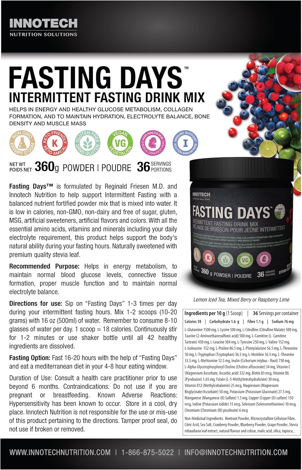 INNOTECH Nutrition Mixed Berry Fasting Days Intermittent Fasting Drink Mix - 360g with 42 Essential Ingredients