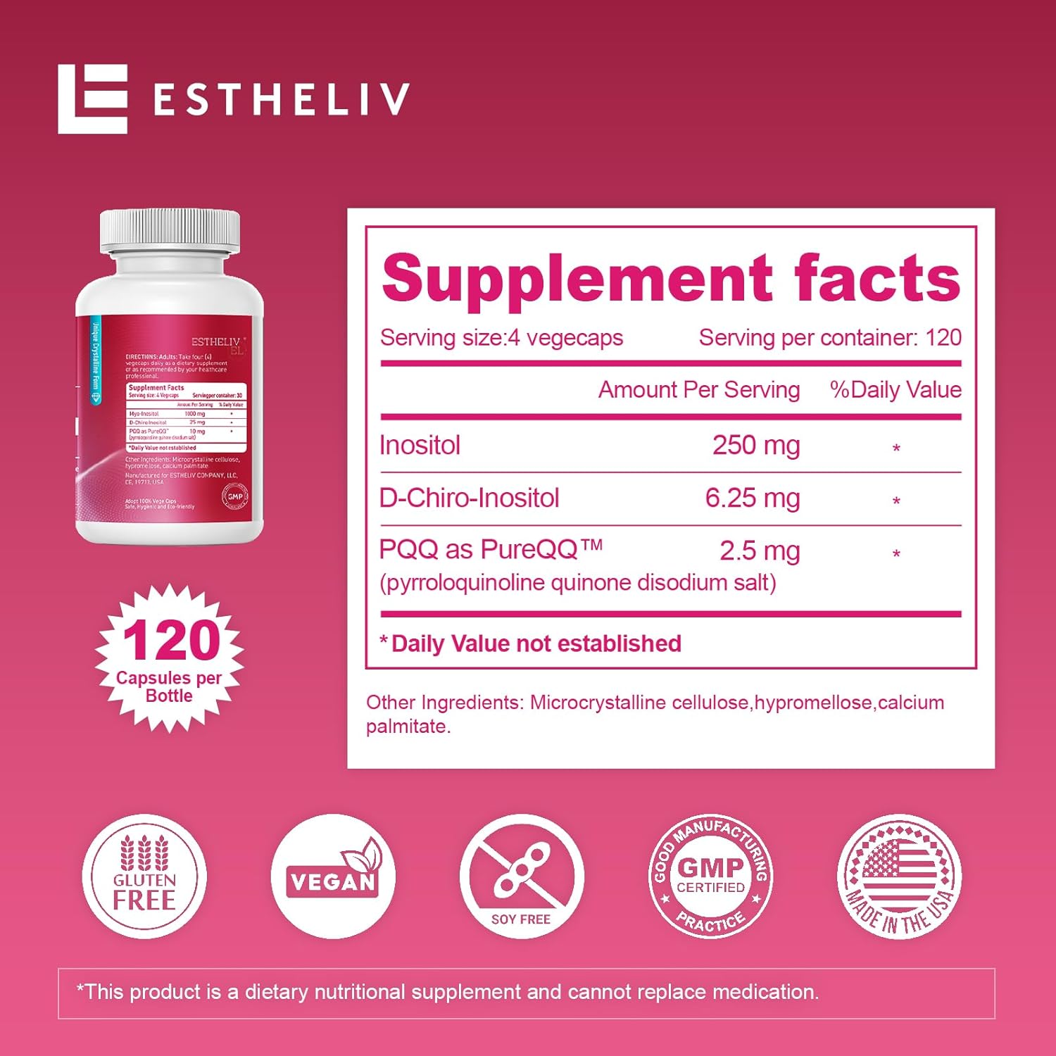 Inositol Ovarian Health Support Supplements for Women - Myo-Inositol & D-Chiro-Inositol Dietary Supplement for Female Hormone Balance - 120 VegeCaps