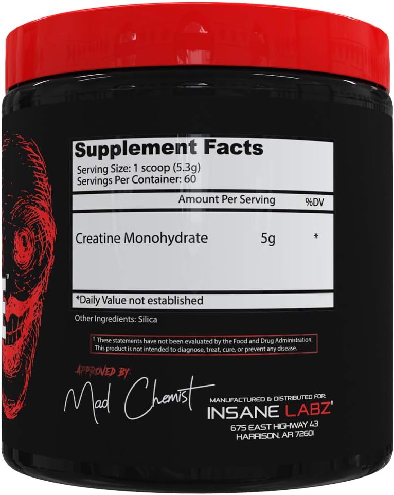 Insane Labz Creatine Monohydrate Powder for Pre and Post Workout - Unflavored, 60 Servings, Boost Strength and Power