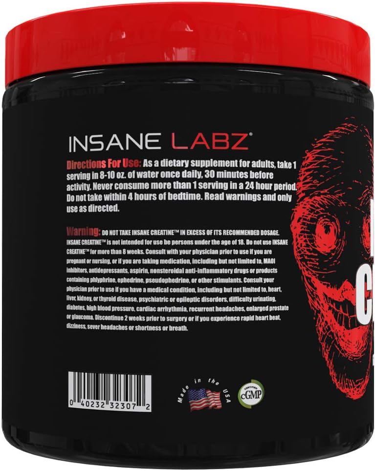 Insane Labz Creatine Monohydrate Powder for Pre and Post Workout - Unflavored, 60 Servings, Boost Strength and Power