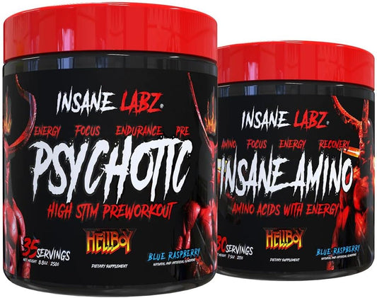 Insane Labz Hellboy Bundle: Psychotic Pre Workout & Amino BCAA - Boost Muscle, Strength, Focus, Recovery - Blue Raspberry Flavor