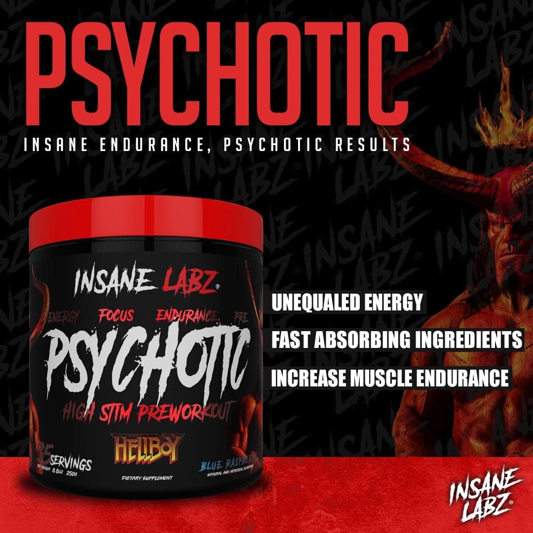 Insane Labz Hellboy Edition Pre Workout Powder - High Stimulant NO Booster with Beta Alanine, L Citrulline, Caffeine - Boost Focus, Energy, Endurance - 35 Servings - Blue Raspberry Flavor