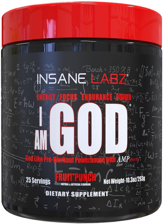 Insane Labz I am God Pre Workout Powder - High Stim with Creatine & DMAE Bitartrate for Energy, Focus, & Muscle Growth - 25 Servings, Fruit Punch Flavor