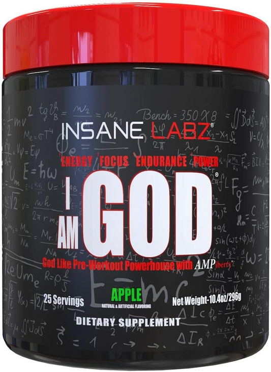 Insane Labz I am God Pre Workout Powder - High Stim with Creatine & DMAE Bitartrate, Enhanced by AMPiberry for Energy, Focus, & Muscle Growth - 25 Servings, Apple Flavor