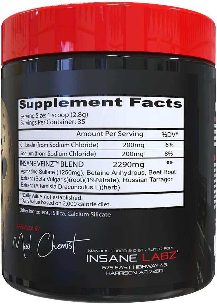 Insane Labz Insane Veinz Non Stimulant Nitric Oxide Booster Powder - Agmatine Sulfate & Betaine Anhydrous - Enhance Vascularity - 35 Servings
