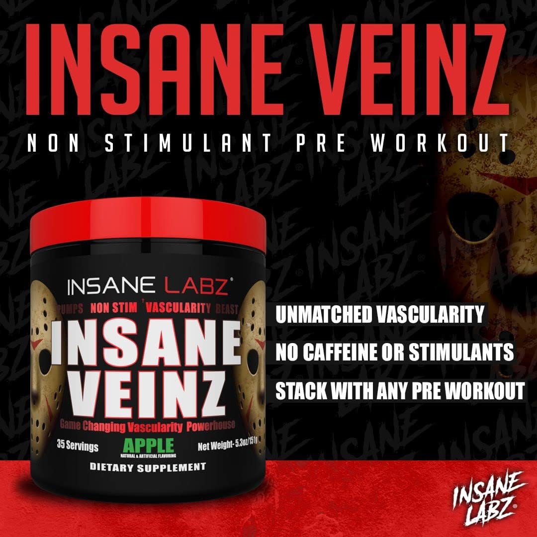 Insane Labz Insane Veinz Non Stimulant NO Enhancing Powder - Nitric Oxide Booster with Agmatine Sulfate and Betaine Anhydrous - Enhance Vascularity - 35 Servings - Fruit Punch Flavor