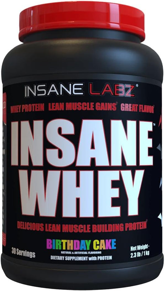 Insane Labz Insane Whey Birthday Cake Flavor - 100% Muscle Building Protein with BCAA Amino Profile, Mass Gainer, Meal Replacement - 30 Servings