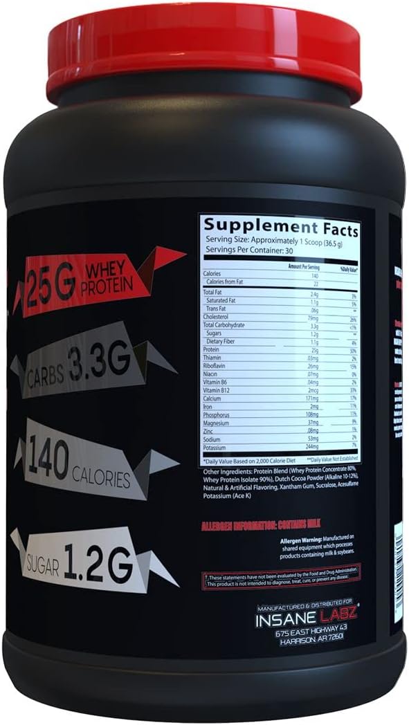 Insane Labz Insane Whey Chocolate Flavor: 100% Muscle-Building Protein with BCAA Amino Profile, Mass Gainer, Meal Replacement - 30 Servings