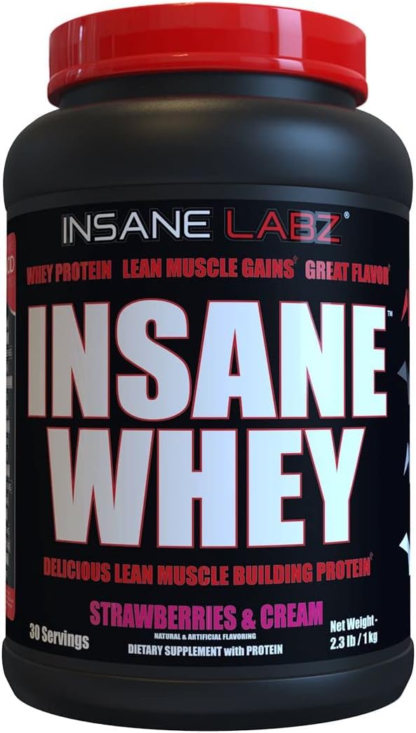 Insane Labz Insane Whey Protein Powder, Strawberries & Cream Flavor, Muscle Building BCAA Amino Profile, Mass Gainer and Meal Replacement - 30 Servings