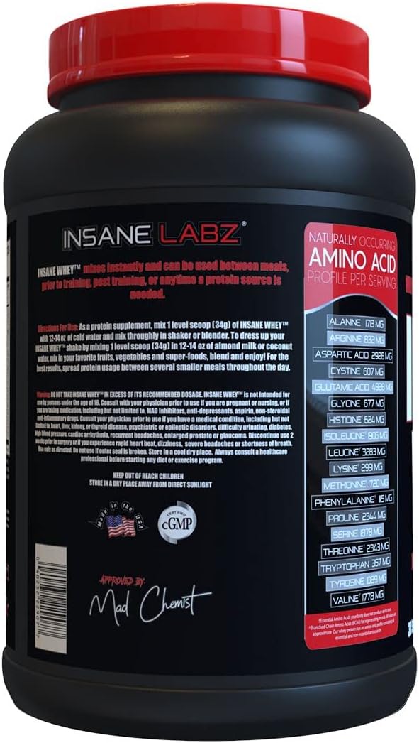 Insane Labz Insane Whey Protein Powder, Strawberries & Cream Flavor, Muscle Building BCAA Amino Profile, Mass Gainer and Meal Replacement - 30 Servings