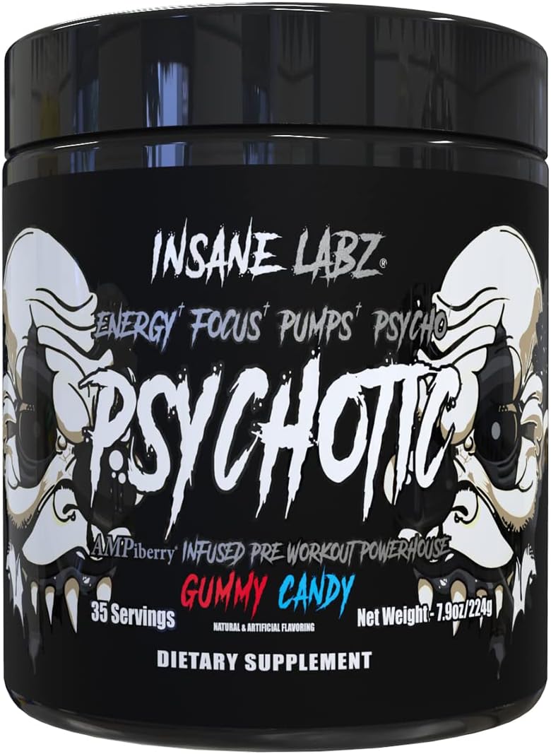 Insane Labz Psychotic Black Edition Pre Workout Powder - Mid Stimulant, Energy, Focus, Pumps - Creatine Beta Alanine Taurine - AMPiberry - 35 Servings (Gummy Candy)