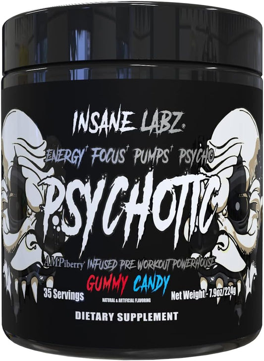 Insane Labz Psychotic Black Edition Pre Workout Powder - Mid Stimulant, Energy, Focus, Pumps - Creatine Beta Alanine Taurine - AMPiberry - 35 Servings (Gummy Candy)