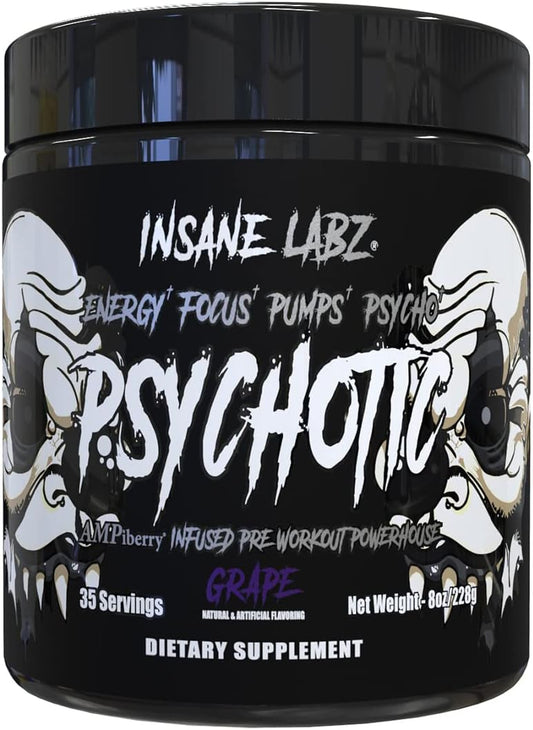 Insane Labz Psychotic Black Edition Pre Workout Powder - Mid Stimulant Formula with Energy, Focus, and Pump Support - 35 Servings (Grape)