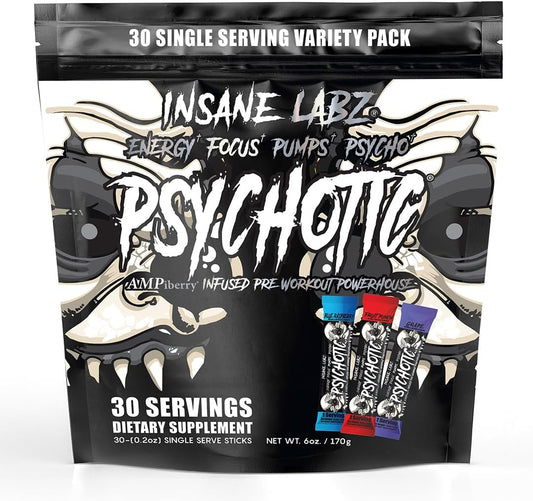 Insane Labz Psychotic Black Edition Pre Workout Powder - Mid Stimulant Formula with Creatine Beta Alanine Taurine - AMPiberry Fueled - 30 Servings