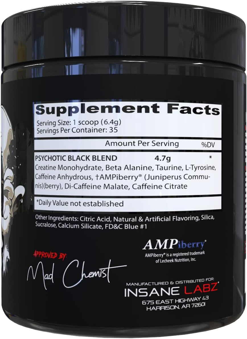 Insane Labz Psychotic Black Edition Pre Workout Powder - Mid Stimulant, Energy, Focus, Pumps - Creatine Beta Alanine Taurine - AMPiberry - 35 Servings (Gummy Candy)