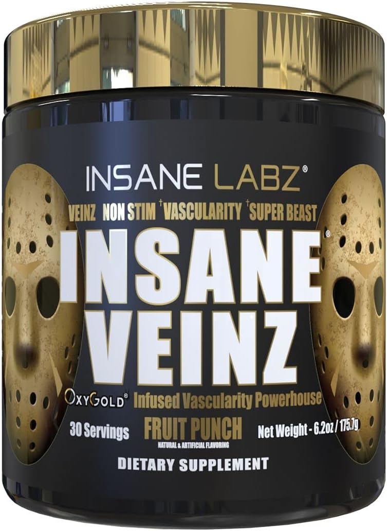 Insane Labz Psychotic Gold and Veinz Gold Stack - Boost Muscle Mass, Vascularity, Strength, Energy, Focus - Fruit Punch Flavor