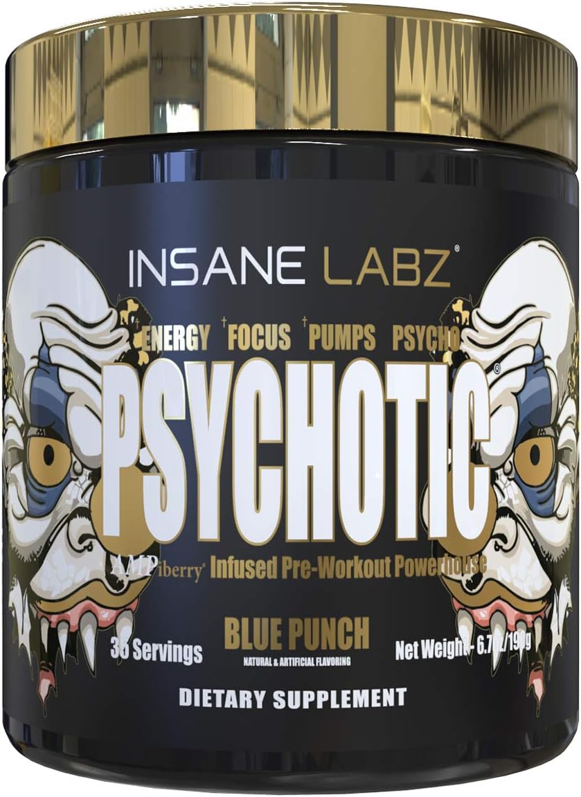 Insane Labz Psychotic Gold Pre Workout Powder - High Stimulant Energy, Focus, and Pumps - Beta Alanine, DMAE Bitartrate - NO Booster - Blue Punch Flavor - 35 Servings