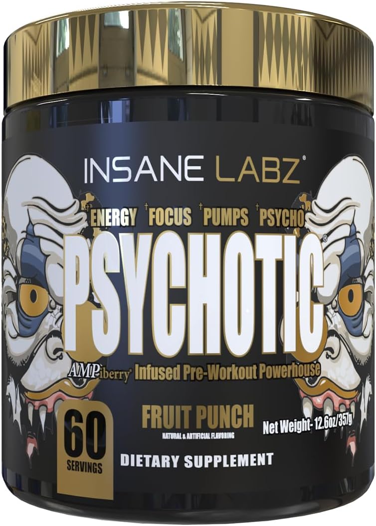Insane Labz Psychotic Gold Pre Workout Powder - High Stimulant Energy Boost, Endurance, and Pumps - Beta Alanine, DMAE Bitartrate - NO Booster - 35 Servings, Fruit Punch Flavor