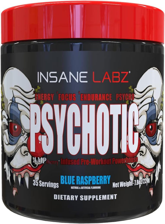 Insane Labz Psychotic High Stimulant Pre Workout Powder, 35 Servings, Blue Raspberry Flavor, Extreme Energy and Endurance Booster