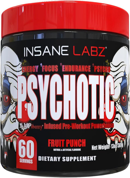 Insane Labz Psychotic Pre Workout Powder - High Stimulant Energy Boost with Beta Alanine, Creatine Monohydrate, DMAE - 60 Servings, Fruit Punch Flavor