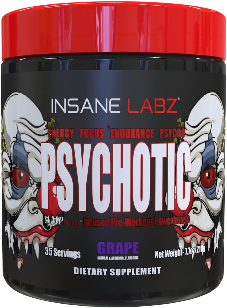 Insane Labz Psychotic Pre Workout Powder - High Stimulant, Long-Lasting Energy, Focus, and Endurance - Grape Flavor - 35 Servings