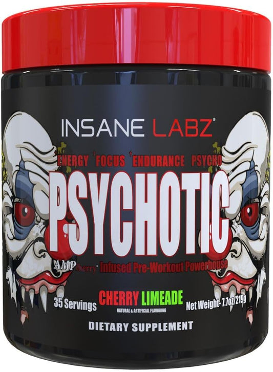 Insane Labz Psychotic Pre Workout Powder - High Stimulant Energy, Focus, Endurance - Beta Alanine, Creatine Monohydrate, DMAE - 35 Servings, Cherry Limeade Flavor