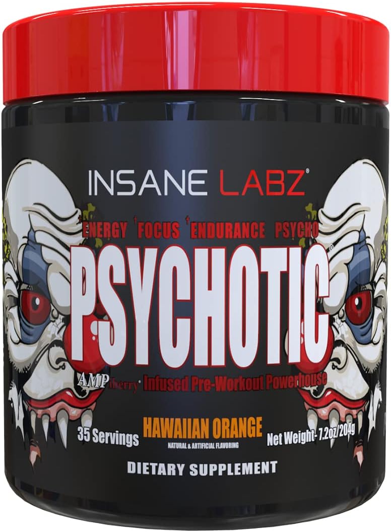 Insane Labz Psychotic Pre Workout Powder - High Stimulant, Long-Lasting Energy, Focus, and Endurance - Beta Alanine, Creatine Monohydrate DMAE - 35 Servings - Hawaiian Orange Flavor