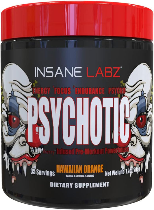 Insane Labz Psychotic Pre Workout Powder - High Stimulant, Long-Lasting Energy, Focus, and Endurance - Beta Alanine, Creatine Monohydrate DMAE - 35 Servings - Hawaiian Orange Flavor