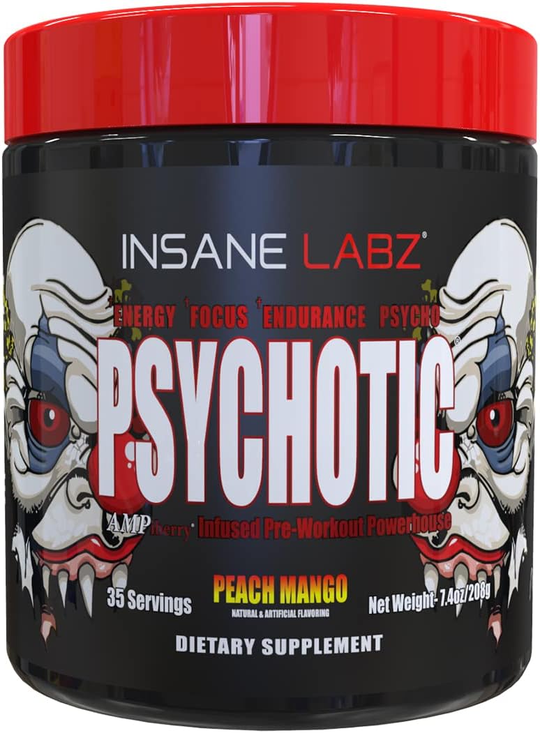 Insane Labz Psychotic Pre Workout Powder - High Stimulant Energy & Focus Supplement with Beta Alanine, Creatine Monohydrate DMAE - 35 Servings, Peach Mango Flavor
