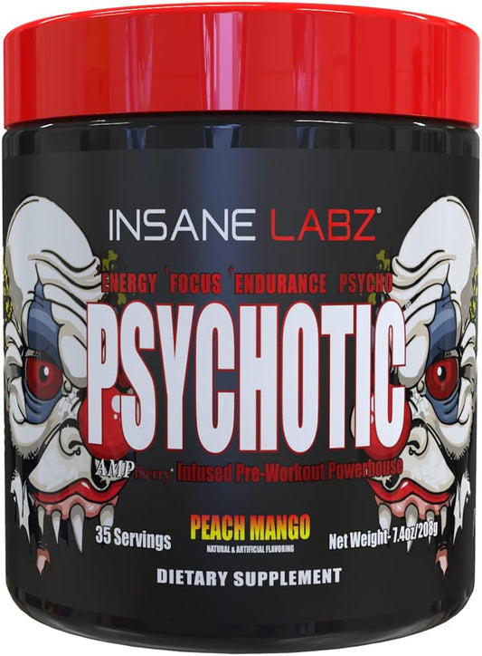 Insane Labz Psychotic Pre Workout Powder - High Stimulant Energy & Focus Supplement with Beta Alanine, Creatine Monohydrate DMAE - 35 Servings, Peach Mango Flavor