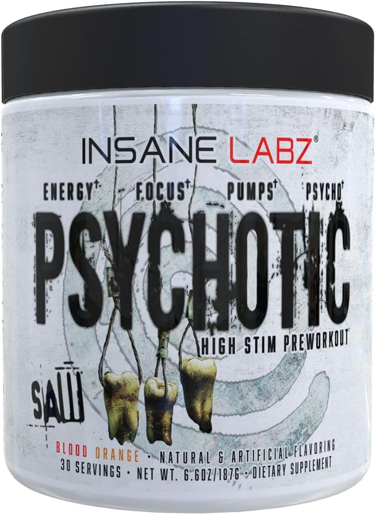Insane Labz Psychotic Saw Pre-Workout Powder - High Stim with OxyGold and AMPiberry - Blood Orange Flavor - 30 Servings