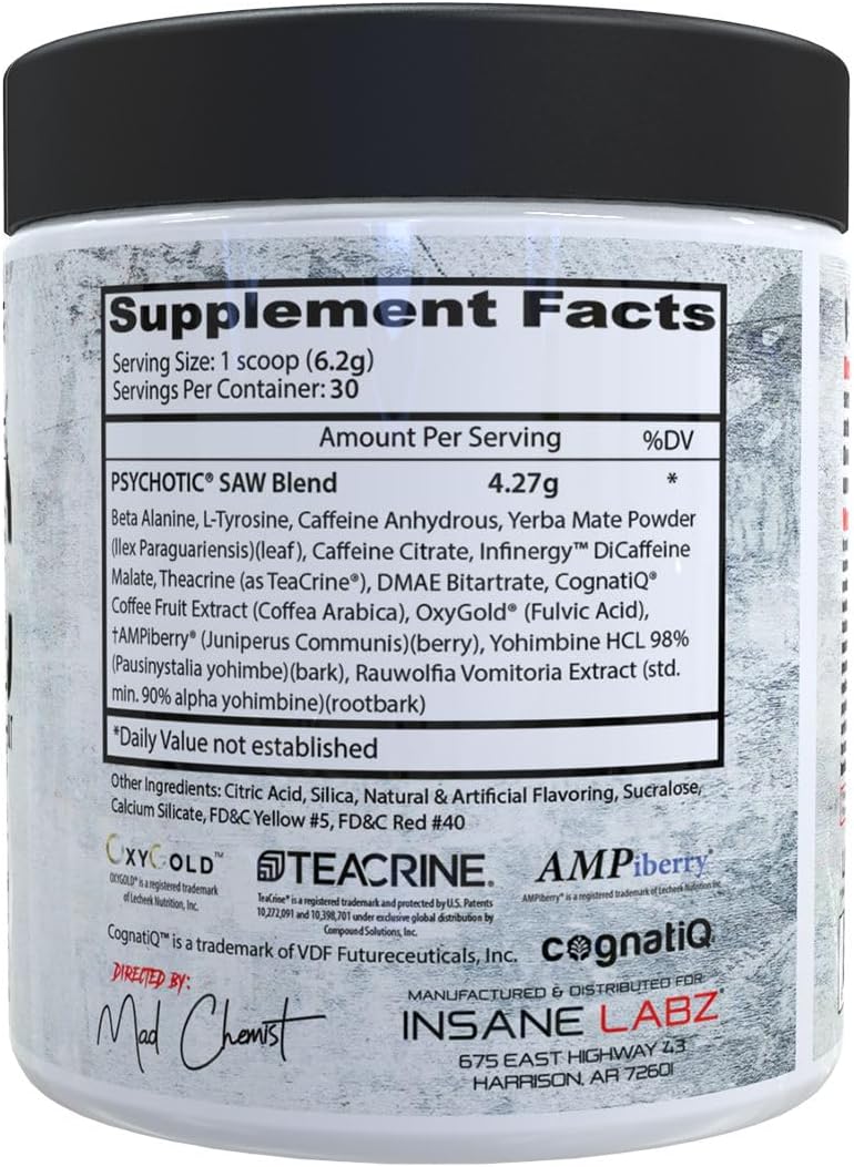Insane Labz Psychotic Saw Pre-Workout Powder - High Stim with OxyGold and AMPiberry - Blood Orange Flavor - 30 Servings