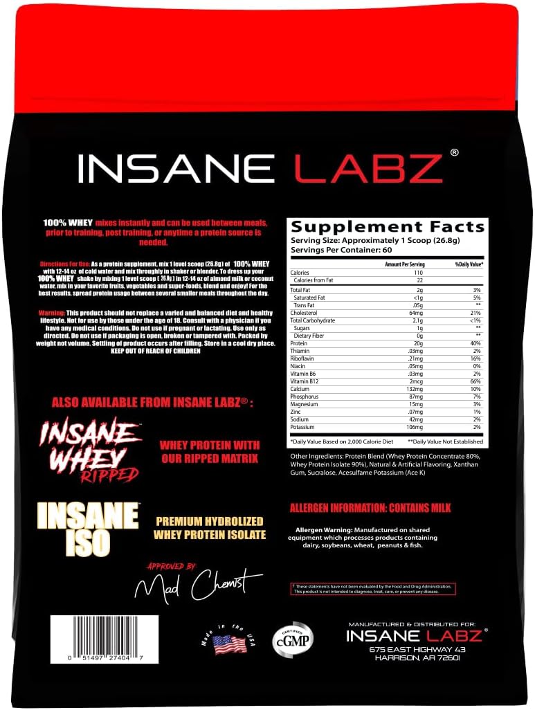 Insane Labz Vanilla Whey Protein Powder - 60 Servings, 100% Pure