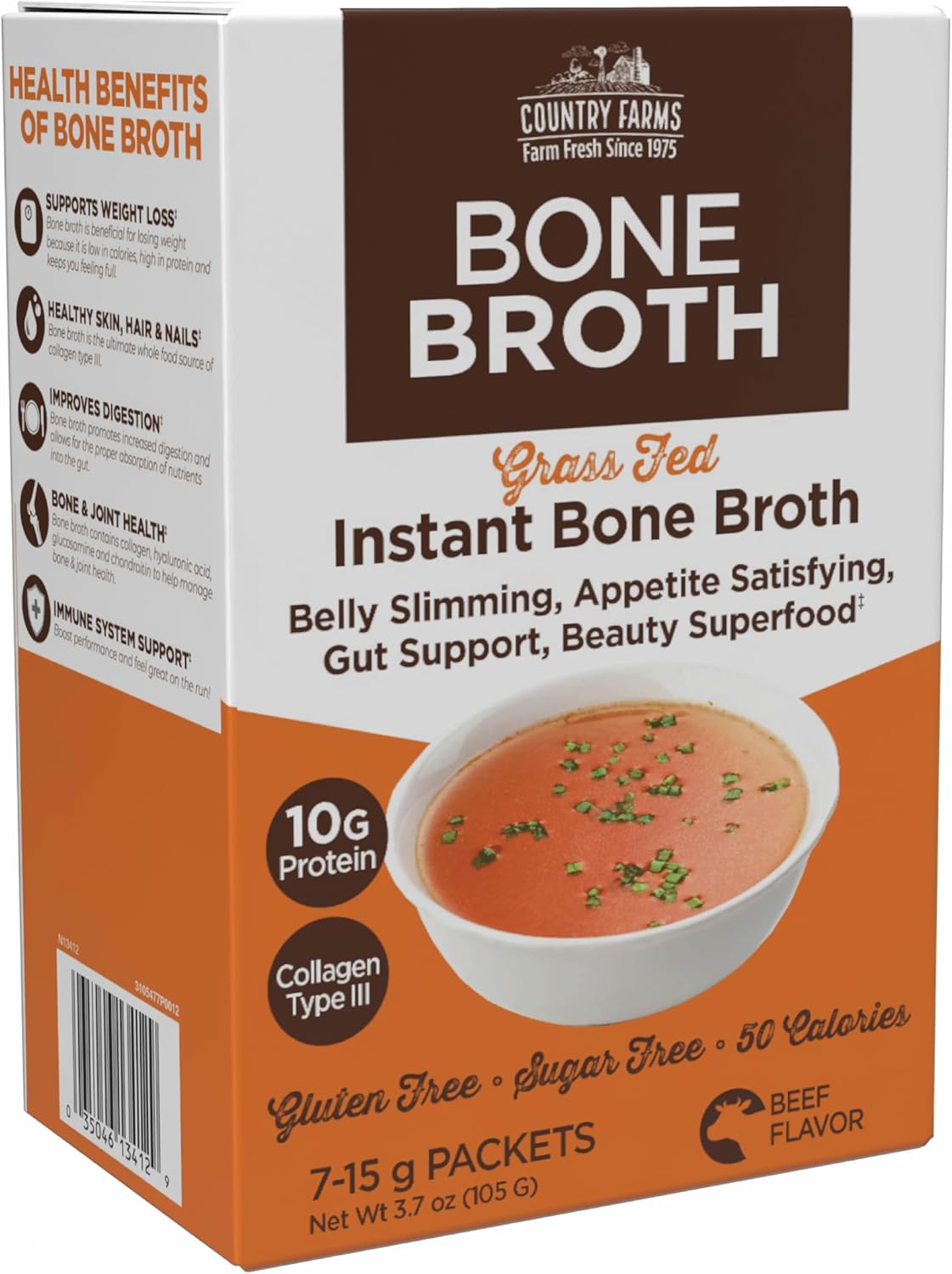 Instant Beef Bone Broth with 10g Protein, Collagen Type III, Promotes Digestion, Bone & Joint Health - 7 Day Plan (7-15g Packets)