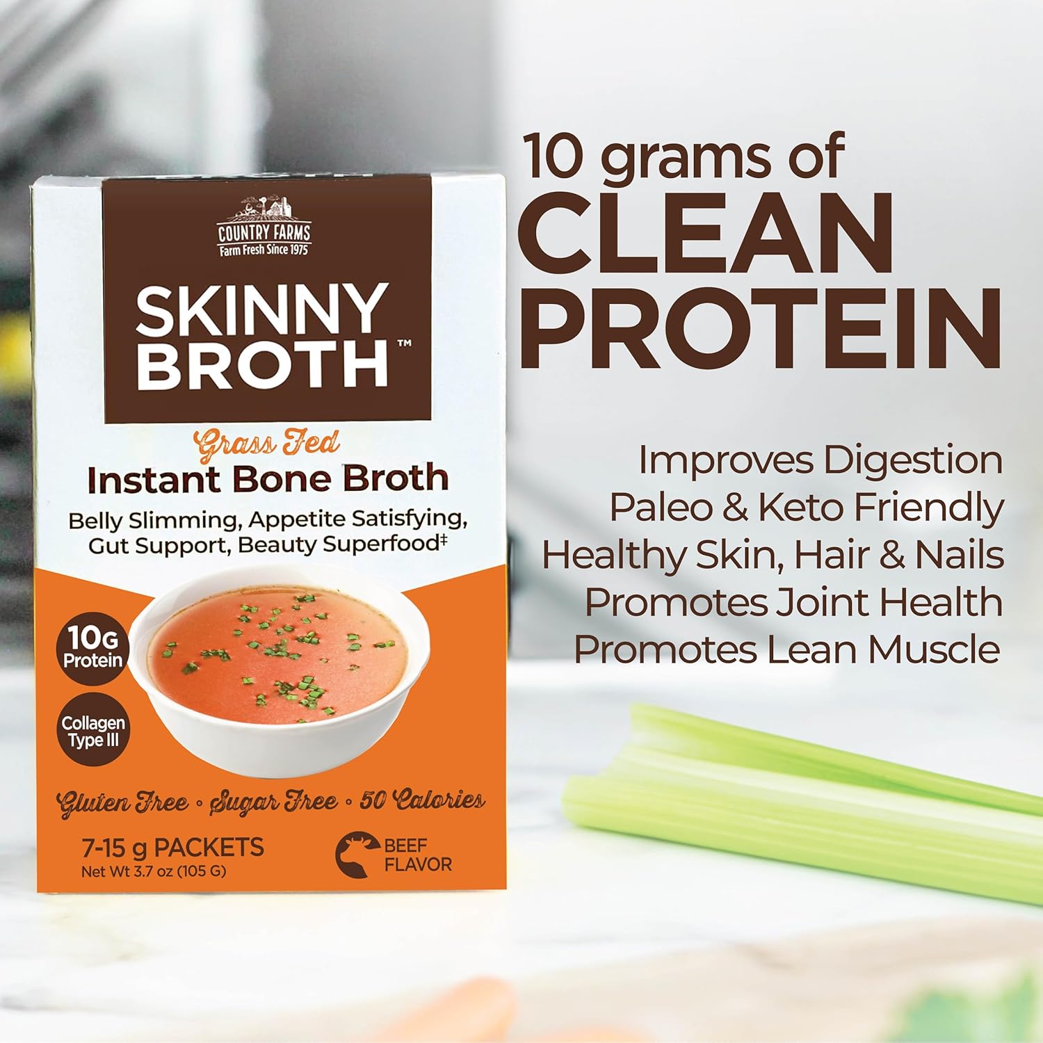 Instant Beef Bone Broth with 10g Protein, Collagen Type III, Promotes Digestion, Bone & Joint Health - 7 Day Plan (7-15g Packets)