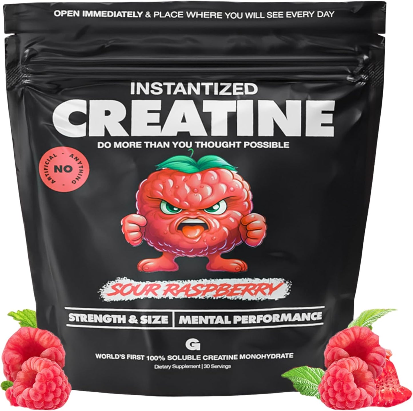 Instantized Creatine Monohydrate Powder for Muscle Endurance - Pre Workout Supplement, High Energy, Cognitive Function - 100% Soluble, Non-Bloating - Sour Raspberry Flavor (30 Servings)