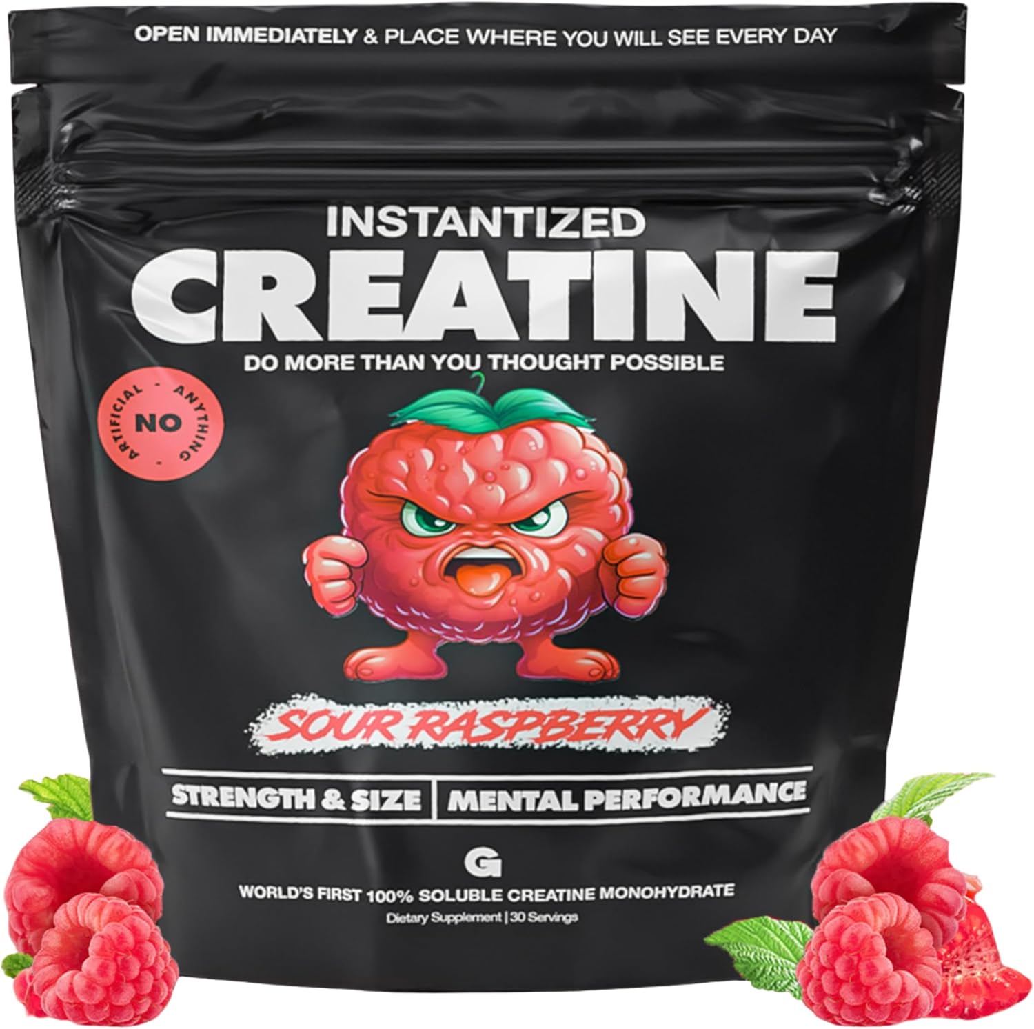 Instantized Creatine Monohydrate Powder for Muscle Endurance - Pre Workout Supplement, High Energy, Cognitive Function - 100% Soluble, Non-Bloating - Sour Raspberry Flavor (30 Servings)