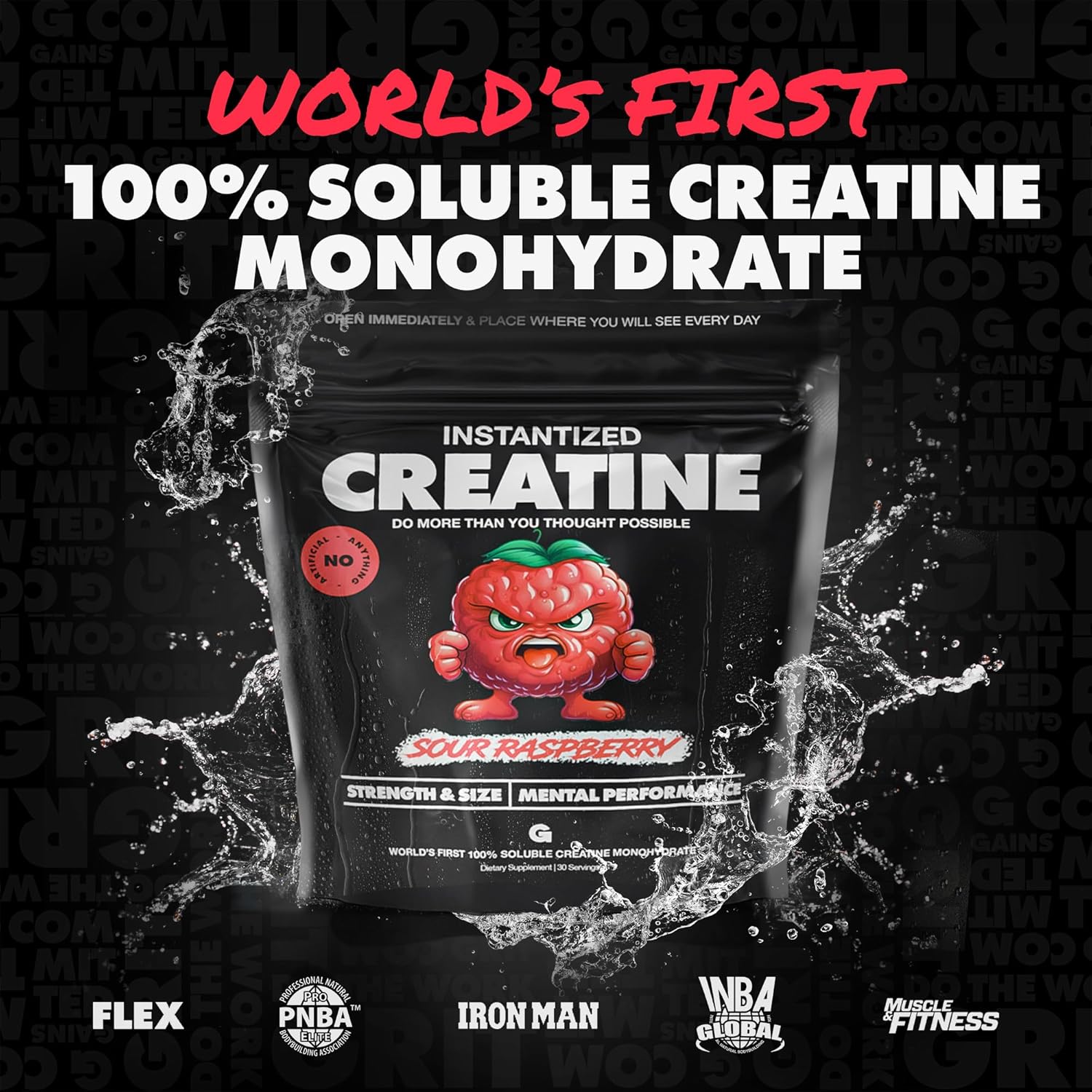 Instantized Creatine Monohydrate Powder for Muscle Endurance - Pre Workout Supplement, High Energy, Cognitive Function - 100% Soluble, Non-Bloating - Sour Raspberry Flavor (30 Servings)