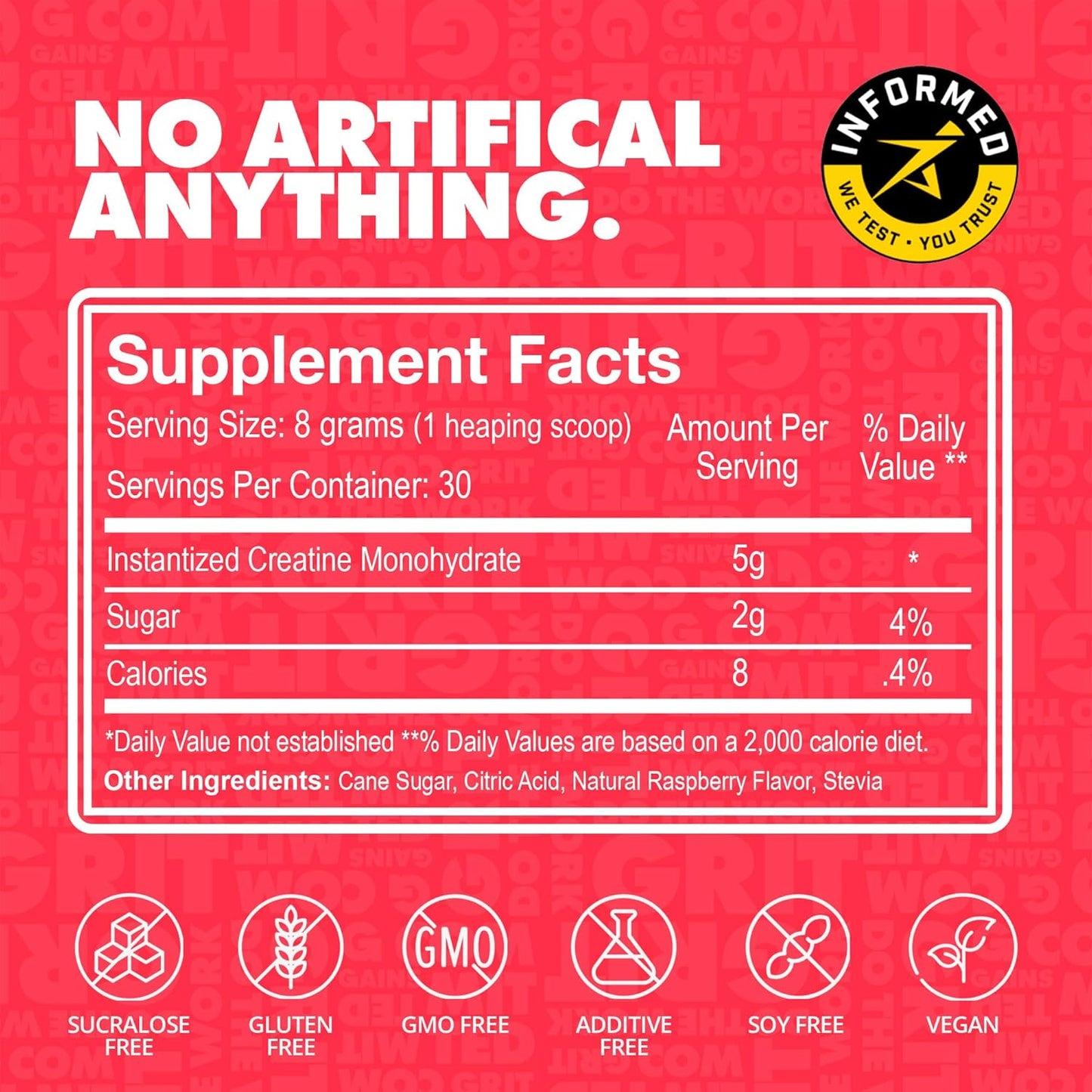 Instantized Creatine Monohydrate Powder for Muscle Endurance - Pre Workout Supplement, High Energy, Cognitive Function - 100% Soluble, Non-Bloating - Sour Raspberry Flavor (30 Servings)