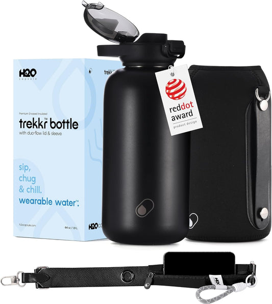 Insulated Stainless Steel Water Bottle with Straw - 64 oz Thermos Flask, Shoulder Strap, Keeps Drinks Cold/Hot - Black