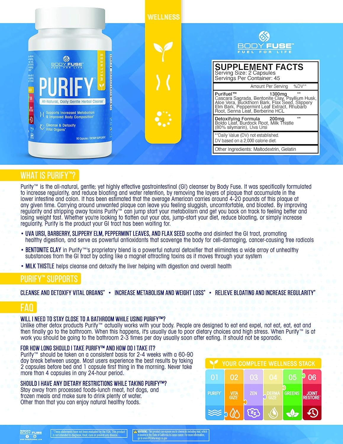 Internal Organ Detox Cleanse Supplement | Body Fuse Purify | All Natural | 45 Servings 90 Capsules